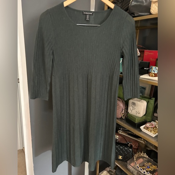 FLAW Eileen Fisher Petite 100% Wool Ribbed Dress 3/4 Sleeve Forest Green - Picture 2 of 9